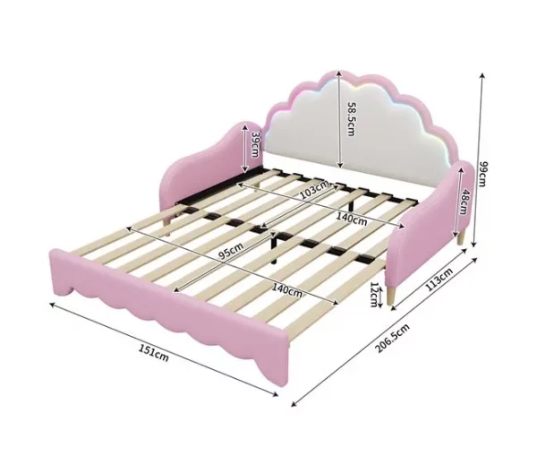 Cama de casal 140x200cm, sofá-cama com cabeceira e iluminação ambiente, completo com colchão, comando, rosa