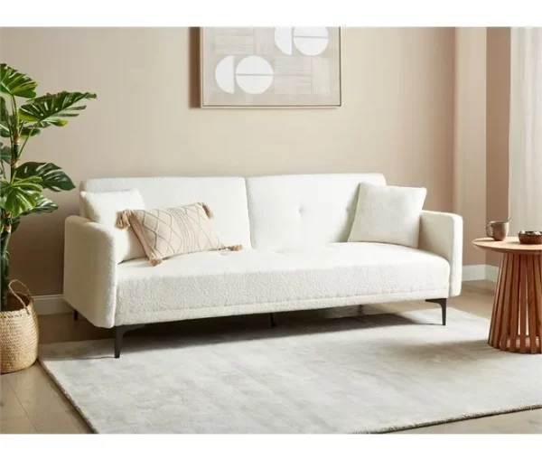 Sofá-cama de 3 lugares em tecido bouclé branco-creme LUCAN