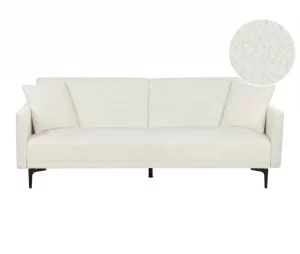 Sofá-cama de 3 lugares em tecido bouclé branco-creme LUCAN