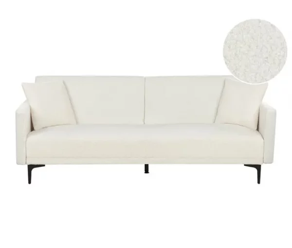Sofá-cama de 3 lugares em tecido bouclé branco-creme LUCAN
