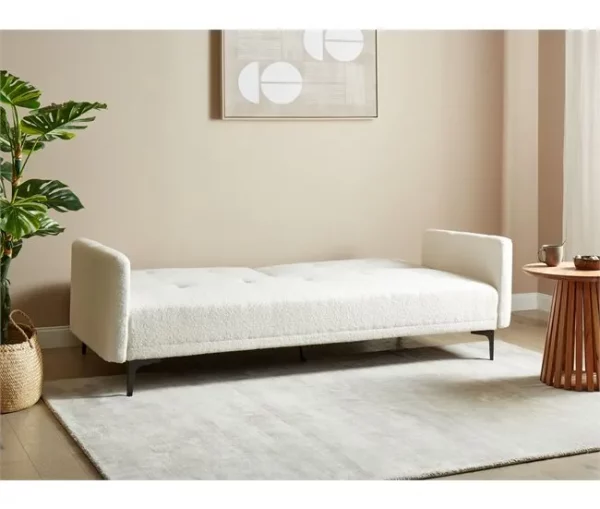 Sofá-cama de 3 lugares em tecido bouclé branco-creme LUCAN