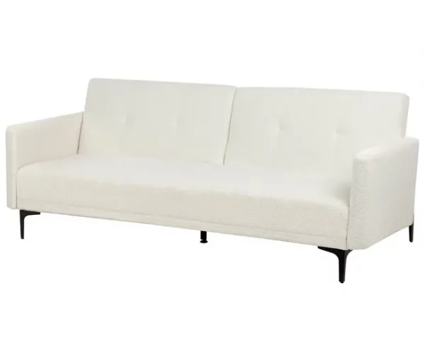 Sofá-cama de 3 lugares em tecido bouclé branco-creme LUCAN