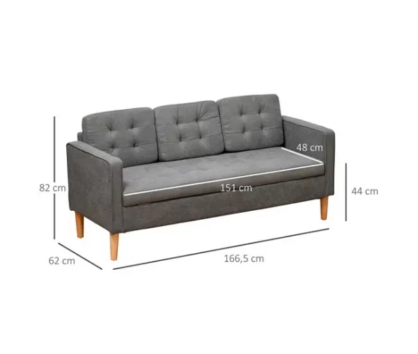 HOMCOM Sofá de 3 lugares acolchoado com 3 almofadas e apoios de braço Espaço de armazenamento Estilo moderno para sala de estar Quarto 166,5x62x82 cm cinza