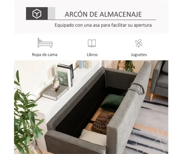 HOMCOM Sofá de 3 lugares acolchoado com 3 almofadas e apoios de braço Espaço de armazenamento Estilo moderno para sala de estar Quarto 166,5x62x82 cm cinza