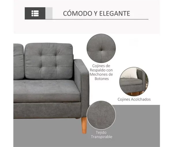 HOMCOM Sofá de 3 lugares acolchoado com 3 almofadas e apoios de braço Espaço de armazenamento Estilo moderno para sala de estar Quarto 166,5x62x82 cm cinza