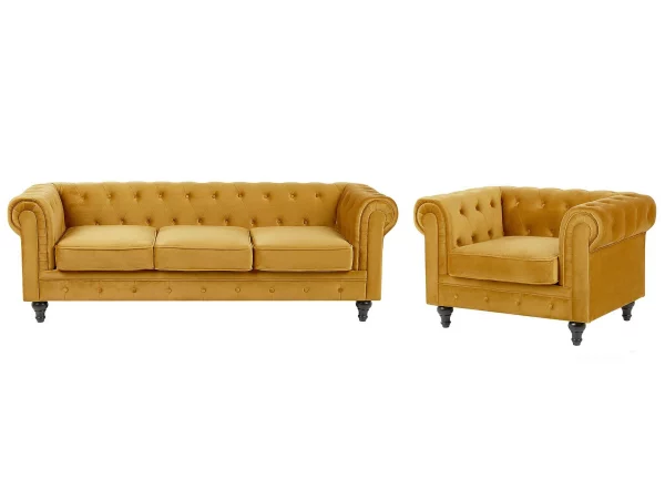 Set Sofa Sessel CHESTERFIELD senfgelb Samtstoff CH