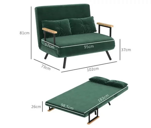 HOMCOM Sofá Cama Sofá Convertível em Cama de 2 Lugares Dobrável com Encosto Ajustável em 5 Níveis e 2 Almofadas Acolchoadas para Escritório Dormitório Sala de Estar 102x73x81 cm Verde