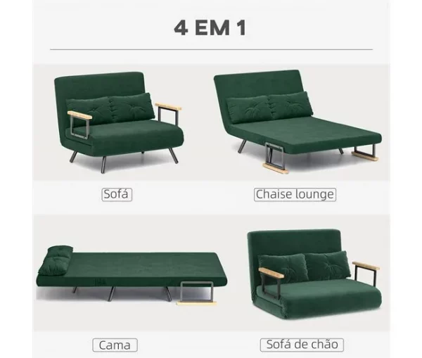 HOMCOM Sofá Cama Sofá Convertível em Cama de 2 Lugares Dobrável com Encosto Ajustável em 5 Níveis e 2 Almofadas Acolchoadas para Escritório Dormitório Sala de Estar 102x73x81 cm Verde