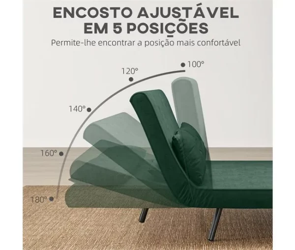 HOMCOM Sofá Cama Sofá Convertível em Cama de 2 Lugares Dobrável com Encosto Ajustável em 5 Níveis e 2 Almofadas Acolchoadas para Escritório Dormitório Sala de Estar 102x73x81 cm Verde