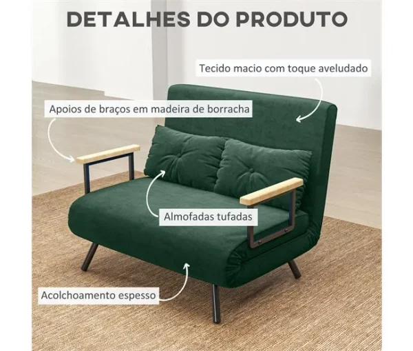 HOMCOM Sofá Cama Sofá Convertível em Cama de 2 Lugares Dobrável com Encosto Ajustável em 5 Níveis e 2 Almofadas Acolchoadas para Escritório Dormitório Sala de Estar 102x73x81 cm Verde
