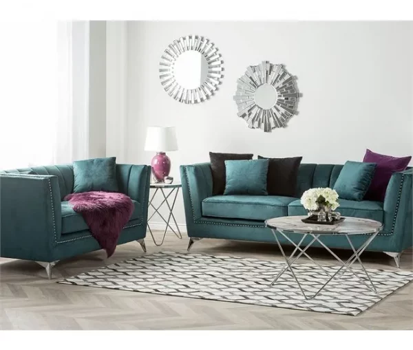 Conjunto de sofás com 5 lugares em veludo azul-verde GAULA
