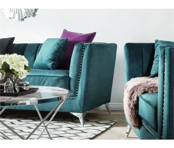 Conjunto de sofás com 5 lugares em veludo azul-verde GAULA