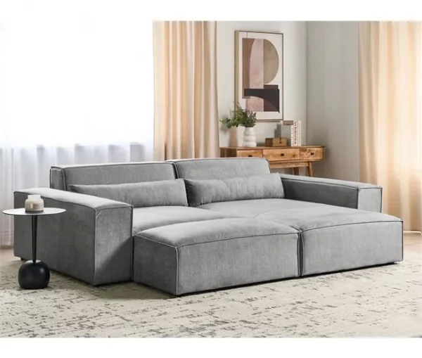 Sofá de canto modular 2 lugares com repousa-pés em tecido cinzento à esquerda HELLNAR
