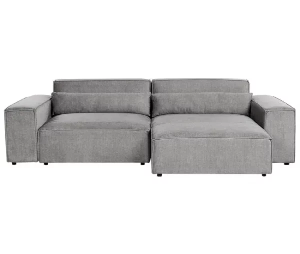 Sofá de canto modular 2 lugares com repousa-pés em tecido cinzento à esquerda HELLNAR