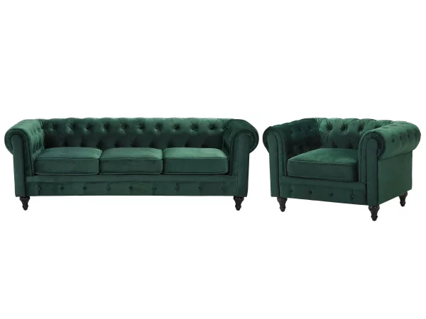 Set Sofa Sessel CHESTERFIELD grün Samtstoff CH