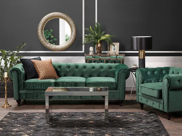 Set Sofa Sessel CHESTERFIELD grün Samtstoff CH