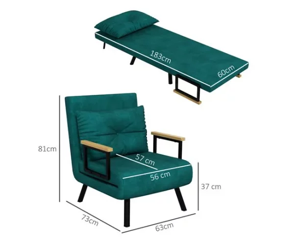 HOMCOM Poltrona Convertível em Cama Dobrável Poltrona Convertível em Cama com Encosto Ajustável em 5 Níveis e Almofada Acolchoada para Escritório Dormitório Sala de Estar Carga 120 kg 63x73x81 cm Verde