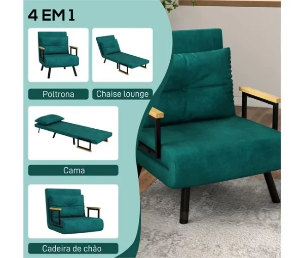 HOMCOM Poltrona Convertível em Cama Dobrável Poltrona Convertível em Cama com Encosto Ajustável em 5 Níveis e Almofada Acolchoada para Escritório Dormitório Sala de Estar Carga 120 kg 63x73x81 cm Verde
