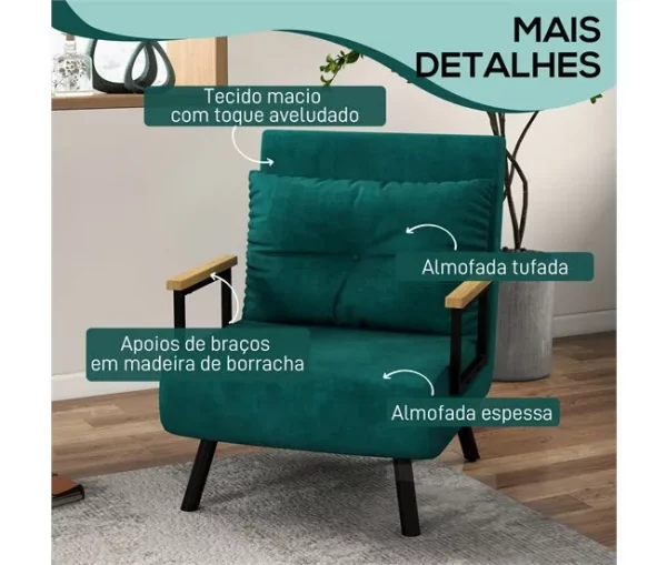 HOMCOM Poltrona Convertível em Cama Dobrável Poltrona Convertível em Cama com Encosto Ajustável em 5 Níveis e Almofada Acolchoada para Escritório Dormitório Sala de Estar Carga 120 kg 63x73x81 cm Verde