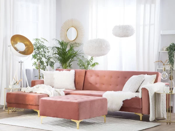Schlafsofa ABERDEEN Samtstoff Rosa Ottom. L/R CH.