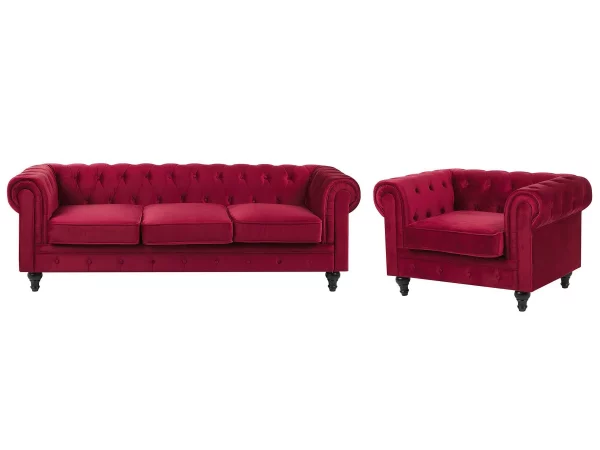 Set Sofa Sessel CHESTERFIELD dunkelrot Samtstoff CH