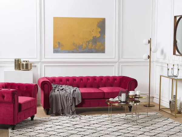 Set Sofa Sessel CHESTERFIELD dunkelrot Samtstoff CH