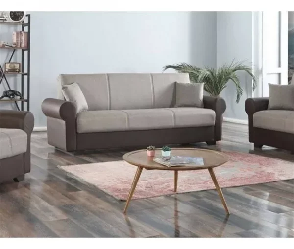 Sofá-cama Dfiorini, sofá-cama container de 3 lugares com estrutura em couro ecológico e assento em tecido, sofá da sala com abertura click-clac, 233x84h94 cm, Marrom e Cinza