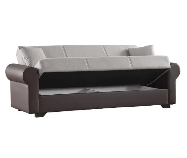 Sofá-cama Dfiorini, sofá-cama container de 3 lugares com estrutura em couro ecológico e assento em tecido, sofá da sala com abertura click-clac, 233x84h94 cm, Marrom e Cinza