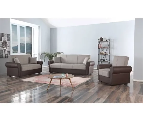 Sofá-cama Dfiorini, sofá-cama container de 3 lugares com estrutura em couro ecológico e assento em tecido, sofá da sala com abertura click-clac, 233x84h94 cm, Marrom e Cinza