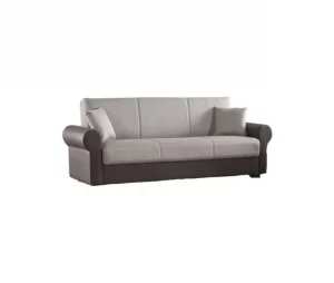 Sofá-cama Dfiorini, sofá-cama container de 3 lugares com estrutura em couro ecológico e assento em tecido, sofá da sala com abertura click-clac, 233x84h94 cm, Marrom e Cinza