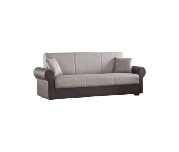 Sofá-cama Dfiorini, sofá-cama container de 3 lugares com estrutura em couro ecológico e assento em tecido, sofá da sala com abertura click-clac, 233x84h94 cm, Marrom e Cinza