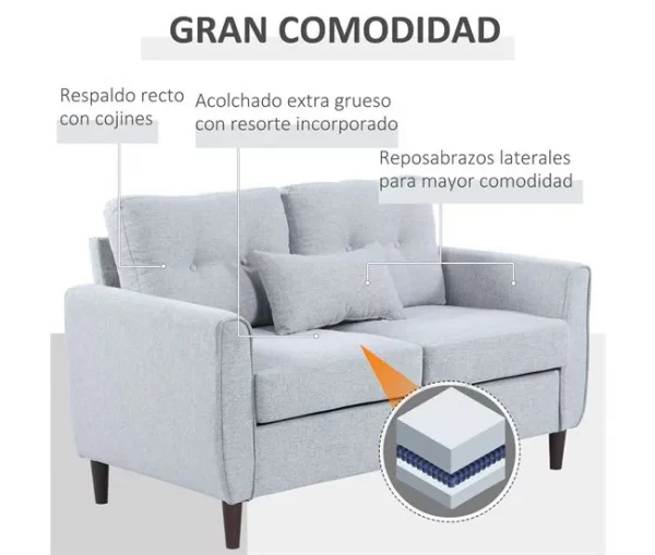HOMCOM Sofá de 2 lugares Poltrona de dois lugares para sala de estar com almofadas e assento acolchoado fronha lavável 140x78x83 cm cinza claro