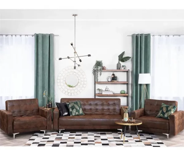 Conjunto de sofás reclináveis com 5 lugares em pele sintética castanha ABERDEEN