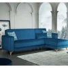 Sofá cama Dinsign, Sofá cama com arrumação de canto com 3 almofadas incluídas, Sofá estofado em tecido com abertura click-clac, com península reversível, 225x151h84 cm, Azul