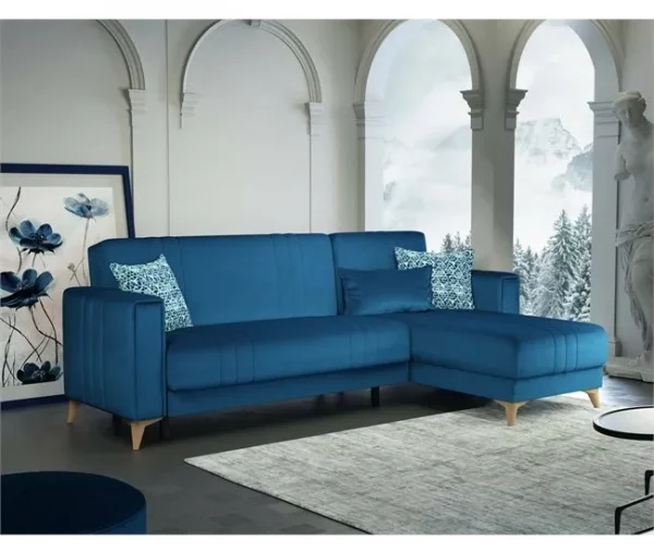 Sofá cama Dinsign, Sofá cama com arrumação de canto com 3 almofadas incluídas, Sofá estofado em tecido com abertura click-clac, com península reversível, 225x151h84 cm, Azul