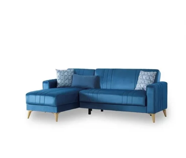 Sofá cama Dinsign, Sofá cama com arrumação de canto com 3 almofadas incluídas, Sofá estofado em tecido com abertura click-clac, com península reversível, 225x151h84 cm, Azul