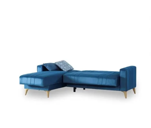 Sofá cama Dinsign, Sofá cama com arrumação de canto com 3 almofadas incluídas, Sofá estofado em tecido com abertura click-clac, com península reversível, 225x151h84 cm, Azul