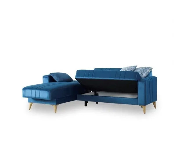 Sofá cama Dinsign, Sofá cama com arrumação de canto com 3 almofadas incluídas, Sofá estofado em tecido com abertura click-clac, com península reversível, 225x151h84 cm, Azul