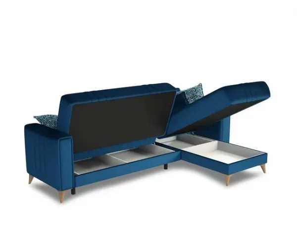 Sofá cama Dinsign, Sofá cama com arrumação de canto com 3 almofadas incluídas, Sofá estofado em tecido com abertura click-clac, com península reversível, 225x151h84 cm, Azul