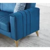 Sofá cama Dinsign, Sofá cama com arrumação de canto com 3 almofadas incluídas, Sofá estofado em tecido com abertura click-clac, com península reversível, 225x151h84 cm, Azul