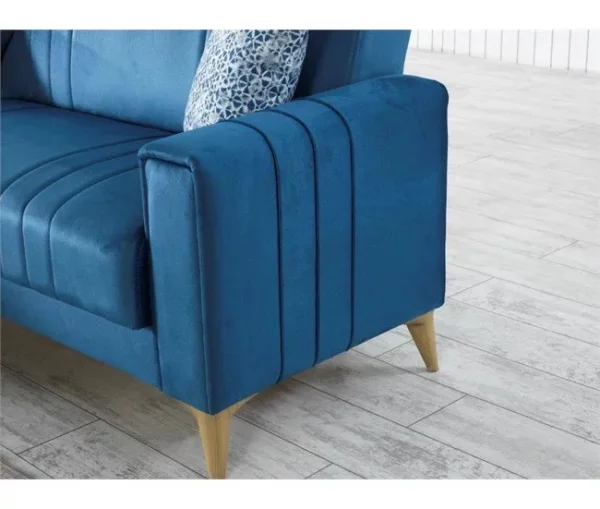 Sofá cama Dinsign, Sofá cama com arrumação de canto com 3 almofadas incluídas, Sofá estofado em tecido com abertura click-clac, com península reversível, 225x151h84 cm, Azul