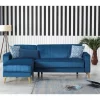 Sofá cama Dinsign, Sofá cama com arrumação de canto com 3 almofadas incluídas, Sofá estofado em tecido com abertura click-clac, com península reversível, 225x151h84 cm, Azul