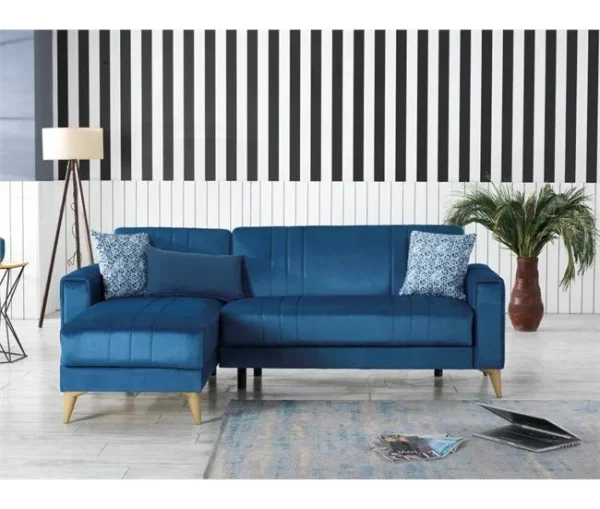 Sofá cama Dinsign, Sofá cama com arrumação de canto com 3 almofadas incluídas, Sofá estofado em tecido com abertura click-clac, com península reversível, 225x151h84 cm, Azul