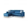Sofá cama Dinsign, Sofá cama com arrumação de canto com 3 almofadas incluídas, Sofá estofado em tecido com abertura click-clac, com península reversível, 225x151h84 cm, Azul