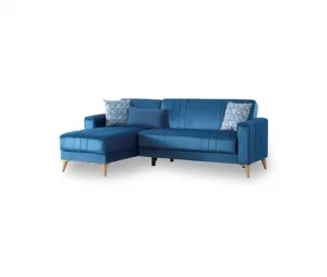 Sofá cama Dinsign, Sofá cama com arrumação de canto com 3 almofadas incluídas, Sofá estofado em tecido com abertura click-clac, com península reversível, 225x151h84 cm, Azul