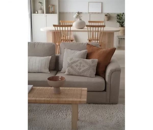 Sofá de canto à direita e repousa-pés em tecido creme OSLO