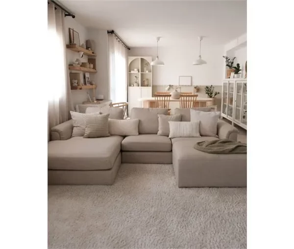 Sofá de canto à direita e repousa-pés em tecido creme OSLO
