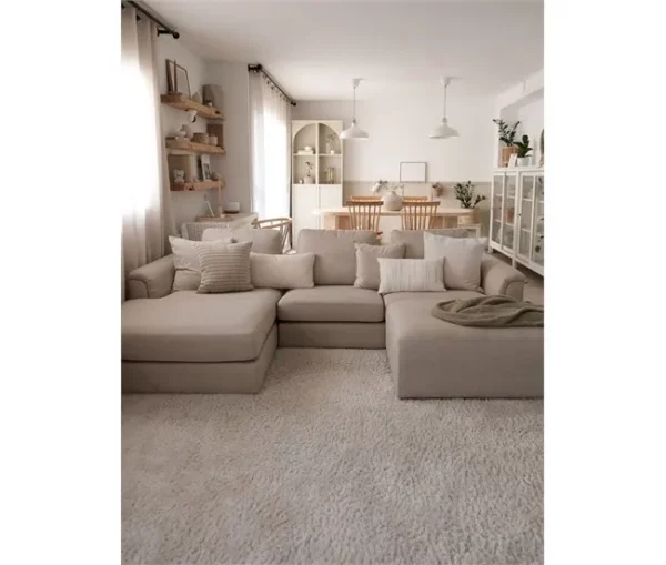 Sofá de canto à direita e repousa-pés em tecido creme OSLO