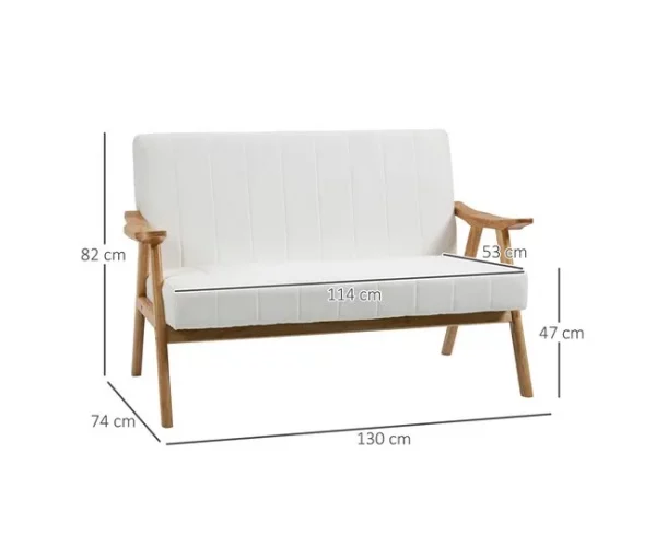 HOMCOM Sofá de 2 Lugares Moderno Sofá Sala de Estar Estofado em Poliéster com Assento Acolchoado e Pés de Madeira para Escritório Carga Máxima 200 kg 126x74x82 cm Creme