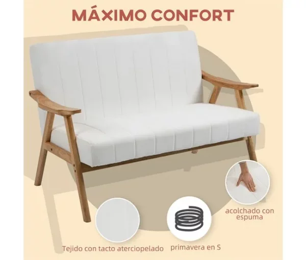 HOMCOM Sofá de 2 Lugares Moderno Sofá Sala de Estar Estofado em Poliéster com Assento Acolchoado e Pés de Madeira para Escritório Carga Máxima 200 kg 126x74x82 cm Creme